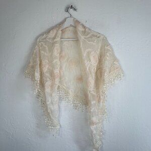 Elegant Cream Lace Shawl Floral Rosette Embroidery Fringe Trim Lightweight